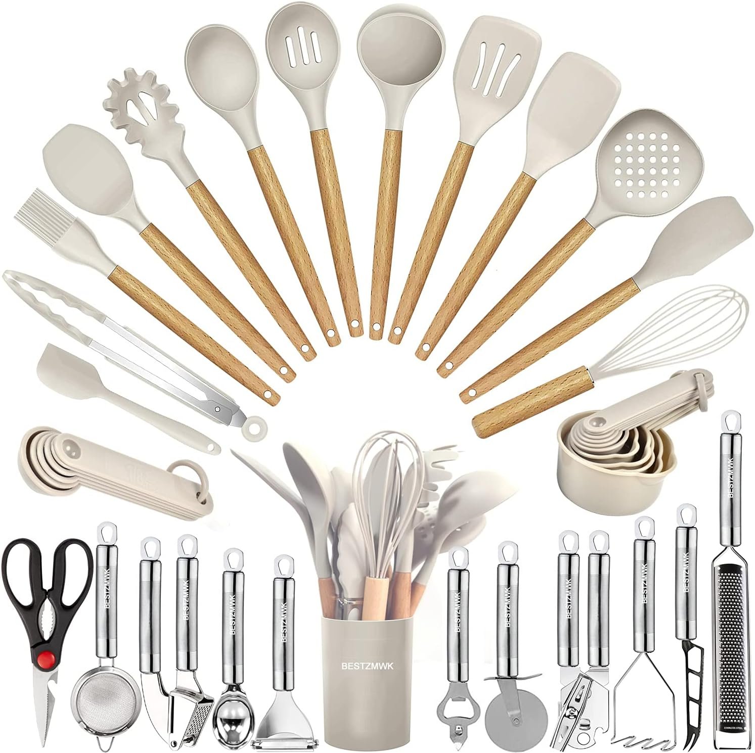 Complete view of an essential 35-piece kitchen utensils set in a modern kitchen